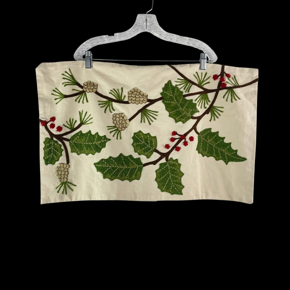Pottery Barn Pinecone Holly Lumbar Pillow Cover 16x26 Cream Embroidered